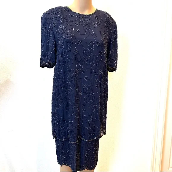 jmd new york beaded dress Beaded Short Sleeve A-line Gown by Ladivine CD0241  ABC Fashion